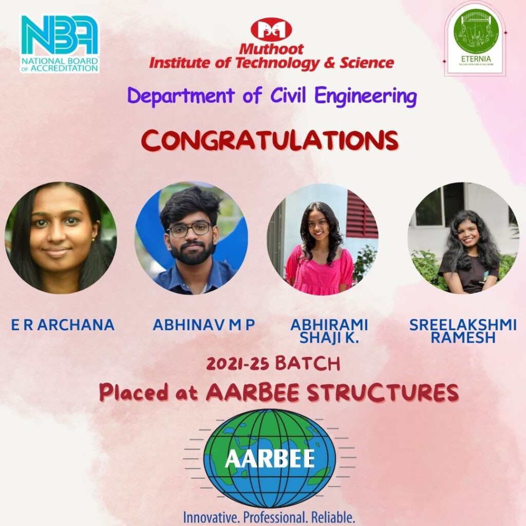 E R Archana, Abhinav M P, Abhirami Shaji K and Sreelakshmi Ramesh from 2021-2025 Batch has Placed at Aarbee Structures