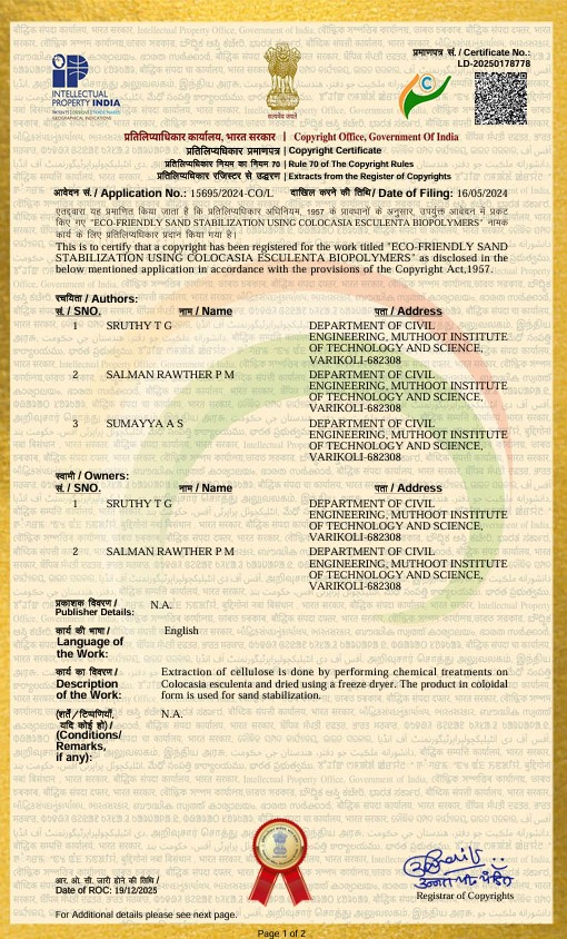Indian Copyright on the project work ''ECO-FRIENDLY SAND STABILIZATION USING COLOCASIA ESCULENTA BIOPOLYMERS''