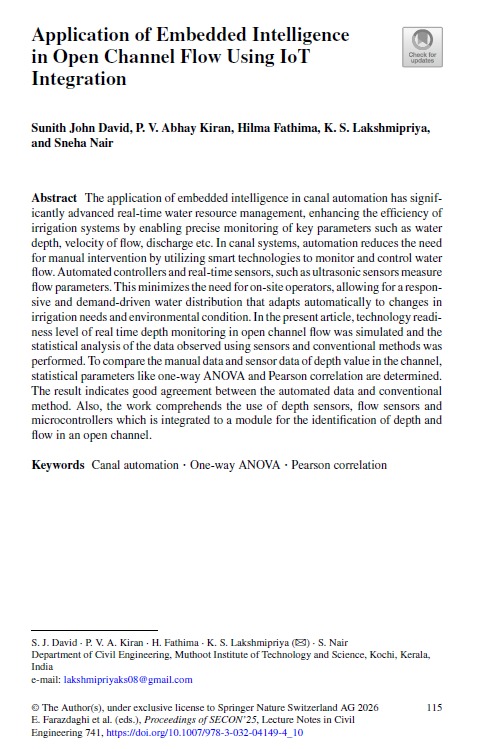 Publication of the paper titled "Application of Embedded Intelligence in Open channel Flow Using IoT Integration" in proceedings of SECON’25
