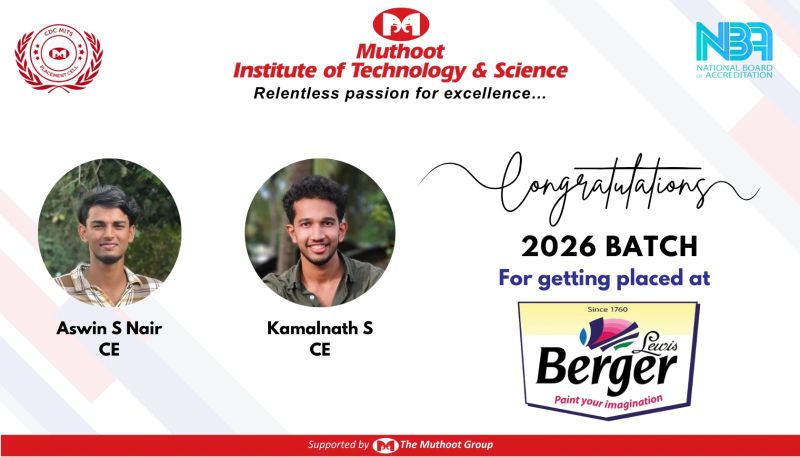 Congratulations to Aswin S Nair and Kamalnath S from the 2026 batch for securing placements at Berger Paints India!
